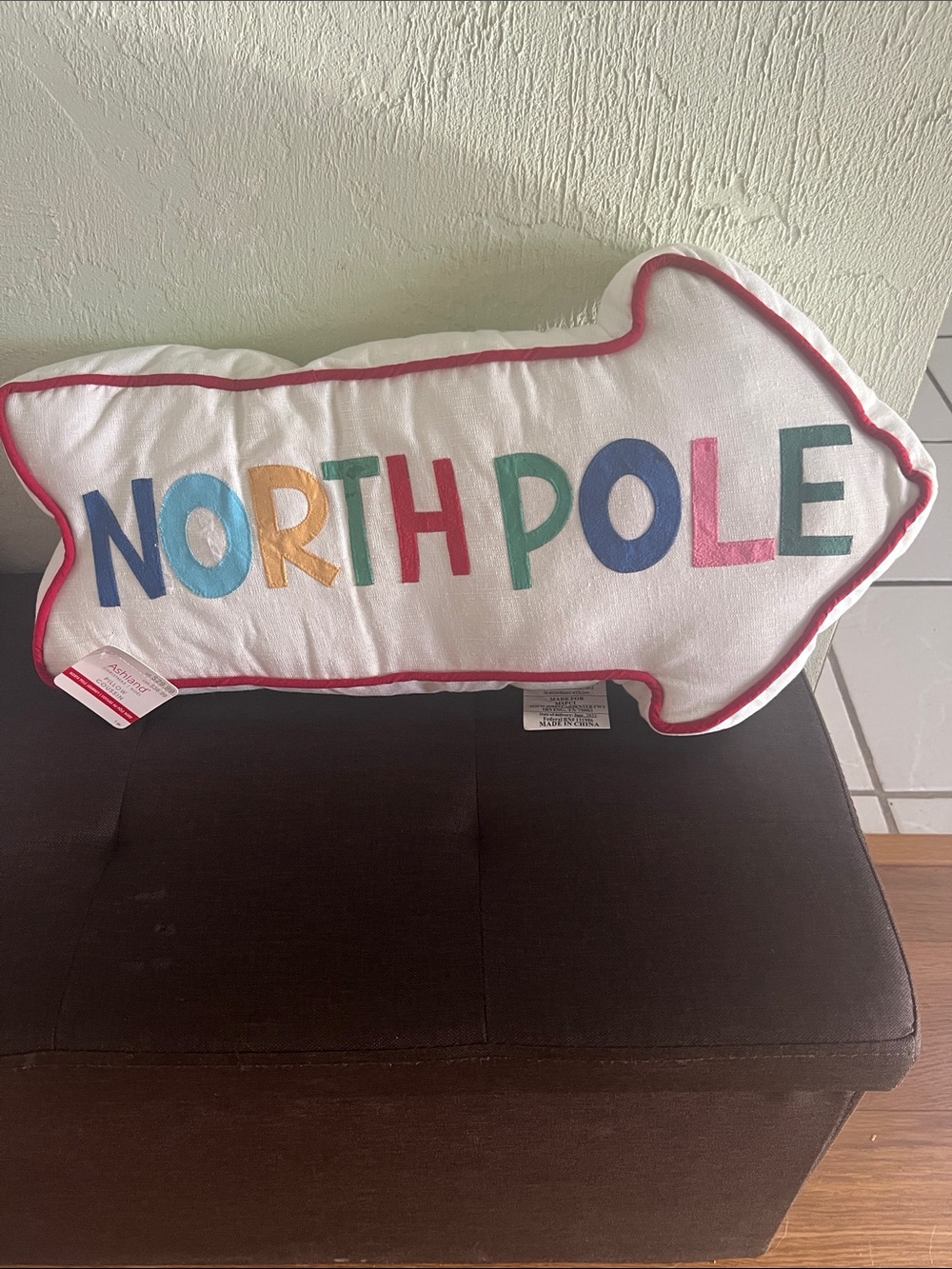 #2542**North Pole Arrow Holiday Pillow - White with Multicolor Lettering